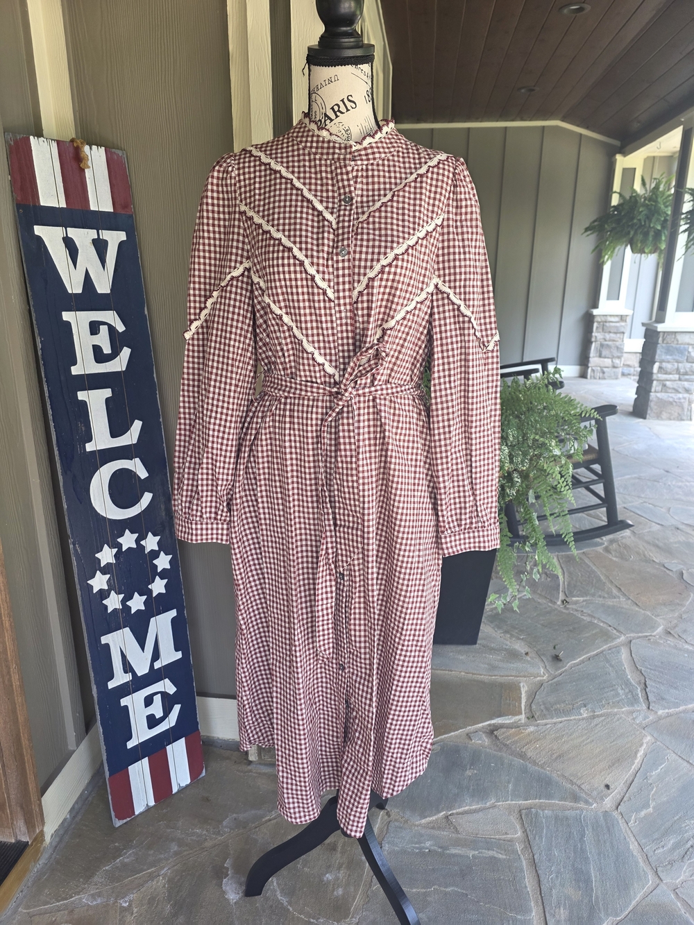 Entro Burgundy and Cream Gingham Midi Dress-NWT